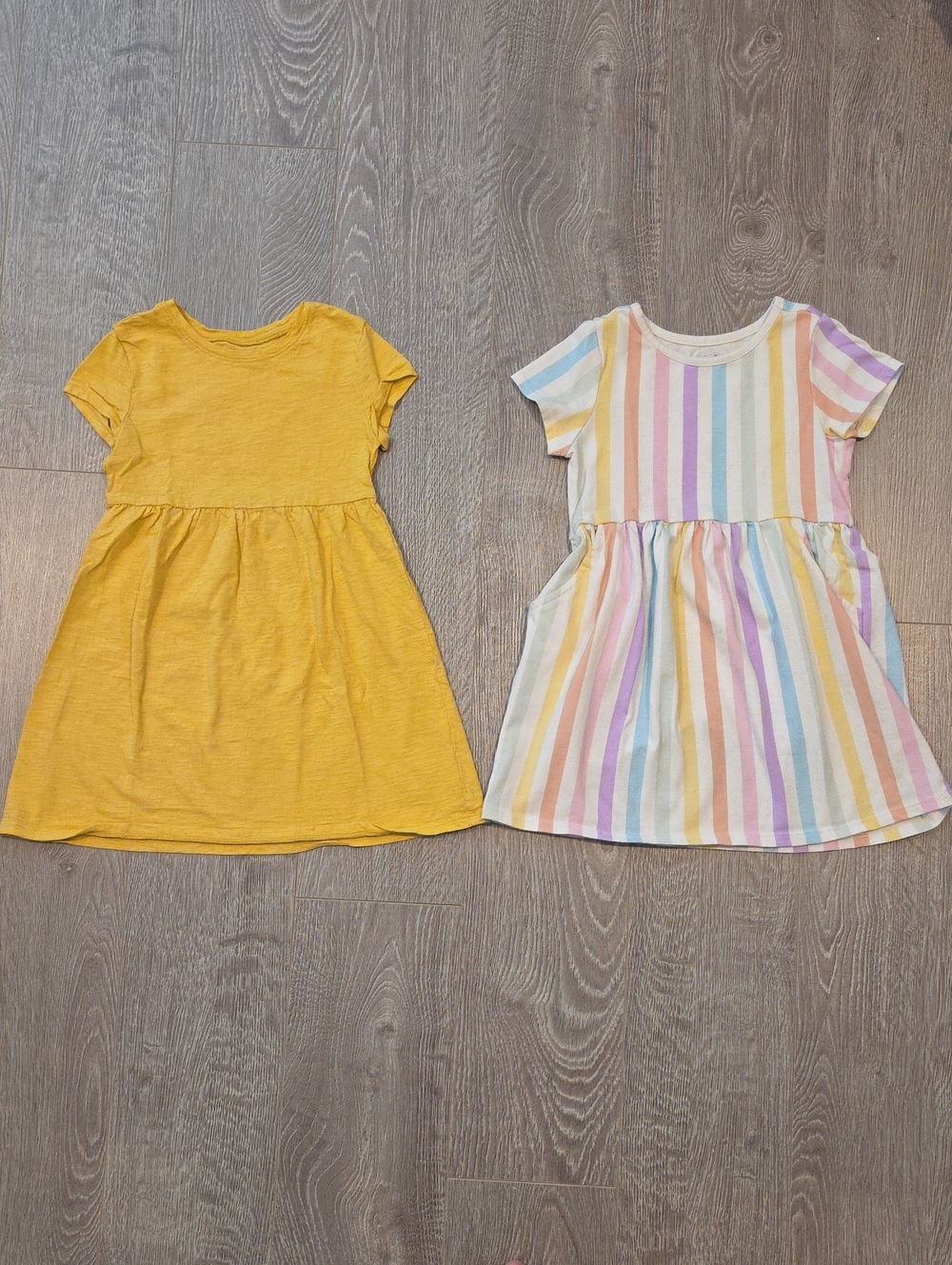 Old Navy Yellow Knit Dress & Pastel Rainbow Stripe Dress